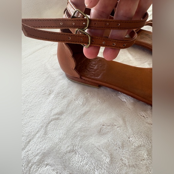 ELF Scalloped Tan Leather Flats. Double Ankle Strap. - Picture 7 of 16